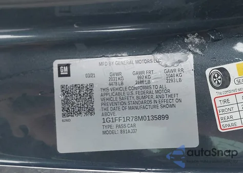 2021 Chevrolet Camaro Rwd Lt1 z USA, uszkodzony, nr VIN 1G1FF1R78M0135899